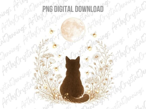 Download Celestial Mystic Cat &amp; Moon Floral PNG - Flora Collection