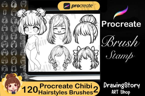 Download 120 Procreate Chibi Hair Stamps Set2 - Hair Collection