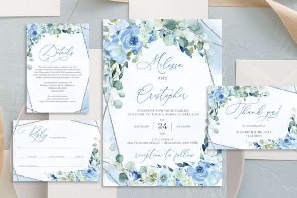 Download Dusty Blue Floral Wedding Invitation Set - Flora Collection