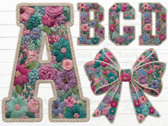 Download Faux Embroidery Floral Alphabet Bow PNG - Flora Collection