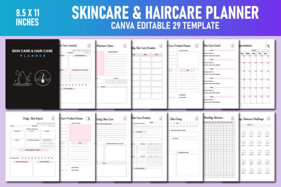 Download Skincare &amp; Haircare Planner Canva KDP - Hair Collection