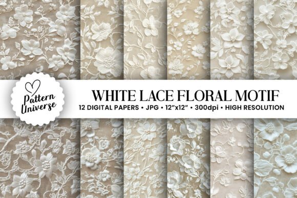 Download White Lace Floral Motif Digital Paper - Flora Collection